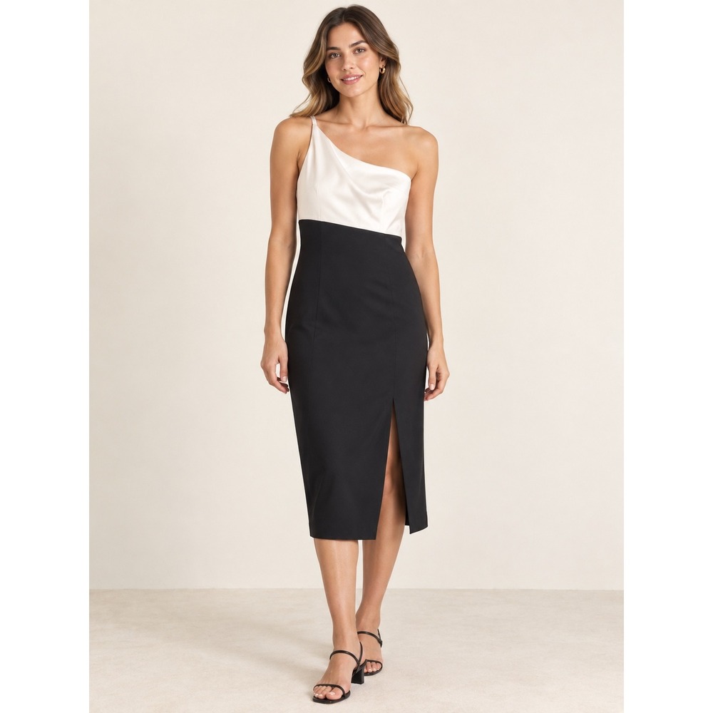 Petal & Pup One Shoulder Colorblock Midi Dress Black White US 4 Slit Formal